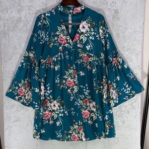 Altar'd State Teal Floral V-Neck Choker Bell Sleeve Babydoll Dress Size M